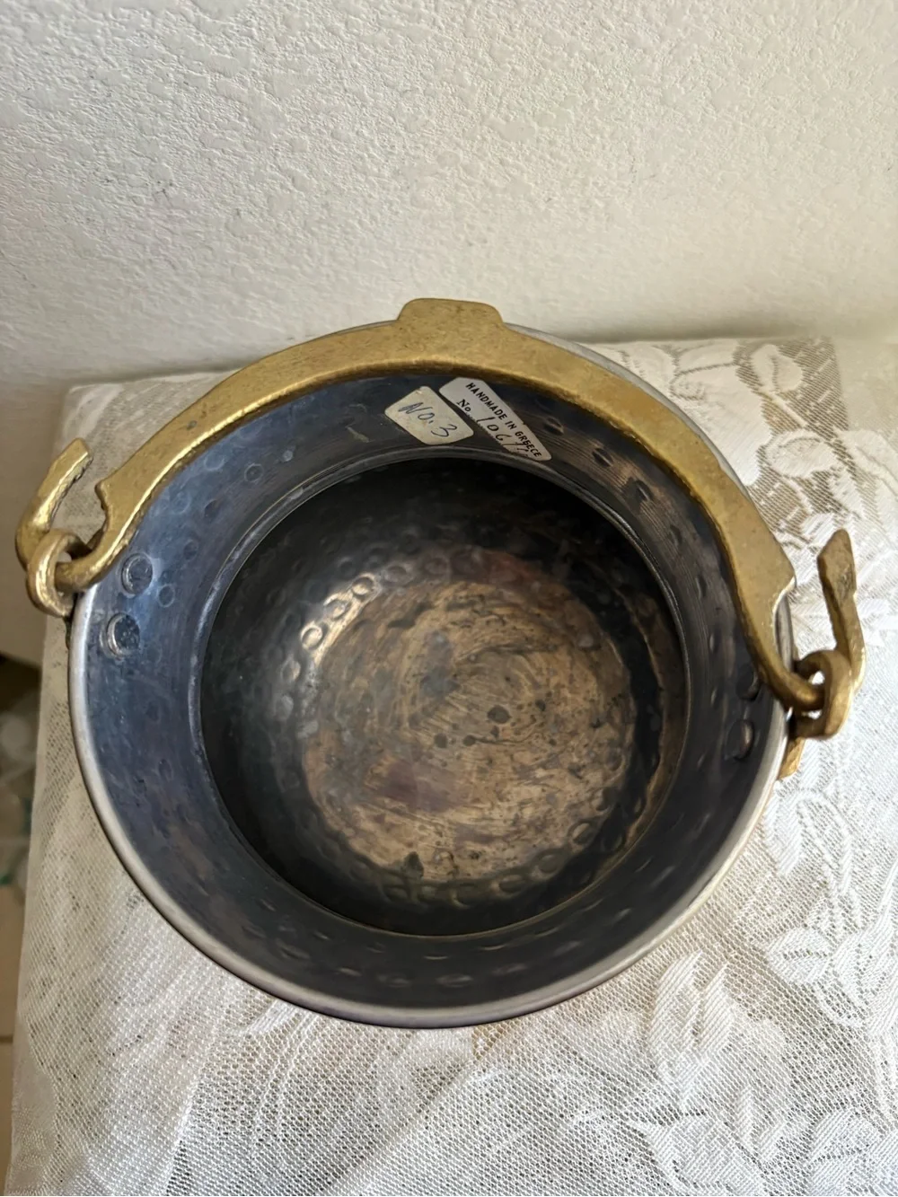Vintage Greek Brass handmade Hammered cauldron Bucket Planter w Handle #3
